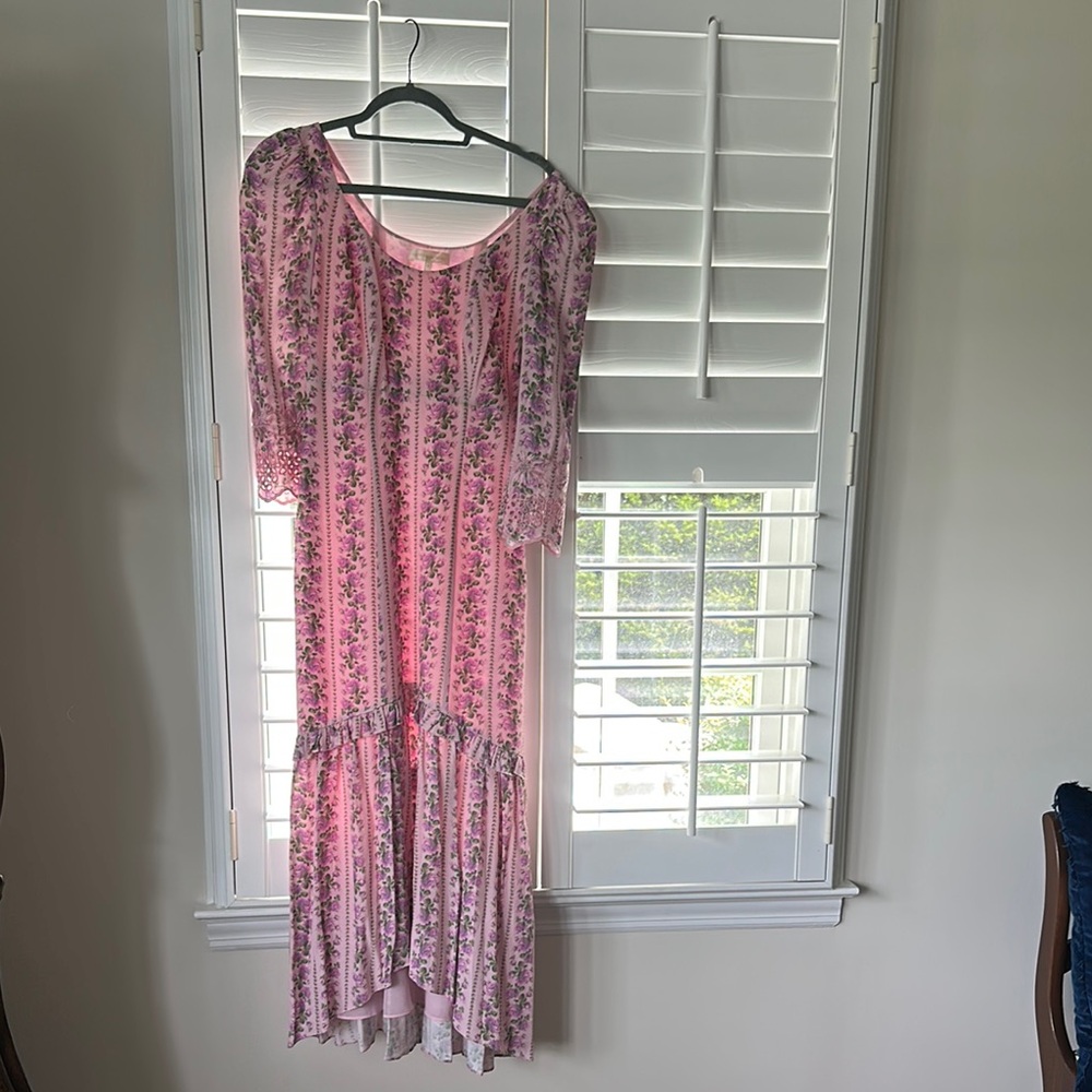 LoveShackFancy Pink Flutter Sleeve High Low Dress